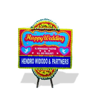 Karangan bunga papan Happy Wedding